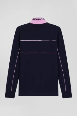 Regular navy blue long-sleeved cotton piqué polo shirt with pink piping