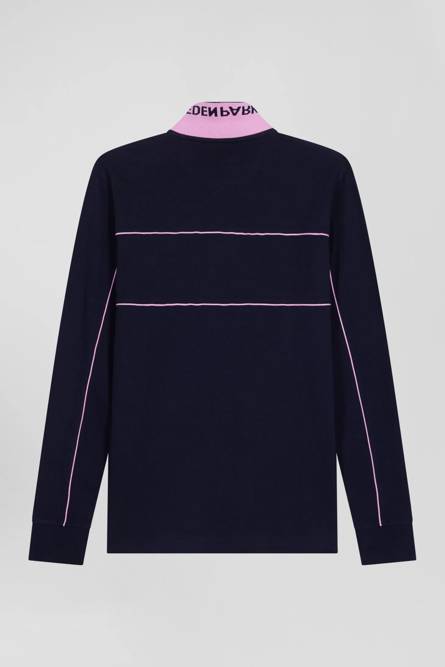 Regular navy blue long-sleeved cotton piqué polo shirt with pink piping