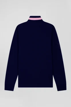 Regular navy blue long-sleeved cotton piqué polo shirt with padded embroidery