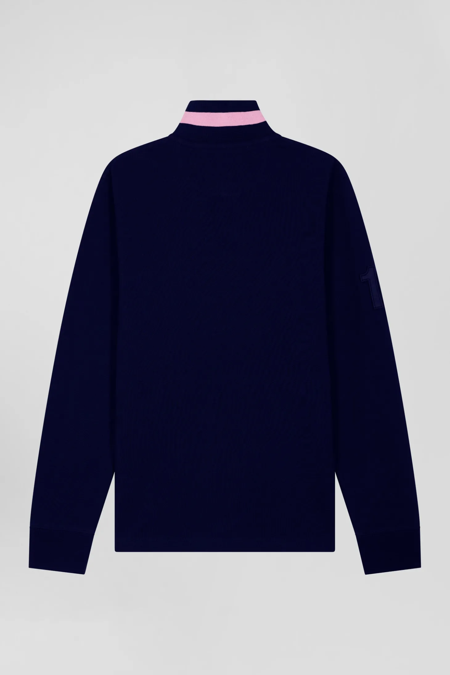 Regular navy blue long-sleeved cotton piqué polo shirt with padded embroidery