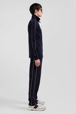 Regular navy blue long-sleeved cotton rugby shirt with pink piping