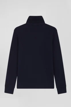 Regular navy blue long-sleeved cotton piqué polo shirt