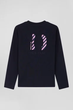 Regular navy blue long-sleeved cotton T-shirt with N°10 embroidery