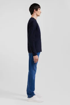 Regular navy blue long-sleeved cotton T-shirt with printed back patch