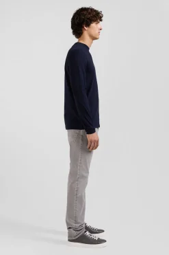 Regular navy blue long-sleeved cotton T-shirt with floral back patch