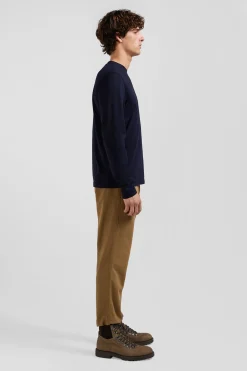 Regular navy blue long-sleeved cotton T-shirt with back embroidery