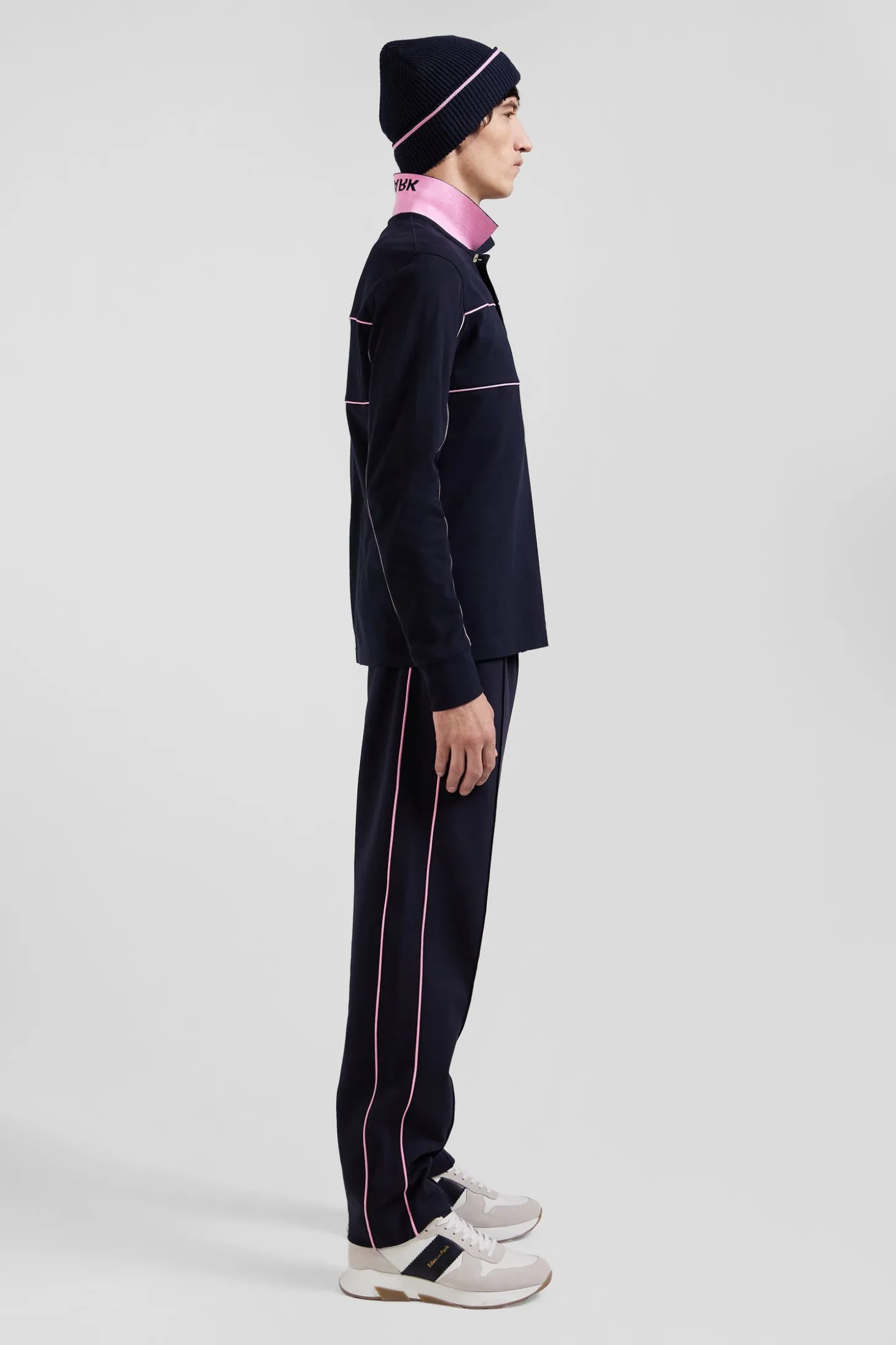 Regular navy blue long-sleeved cotton piqué polo shirt with pink piping
