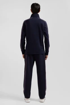 Regular navy blue long-sleeved cotton rugby shirt with pink piping