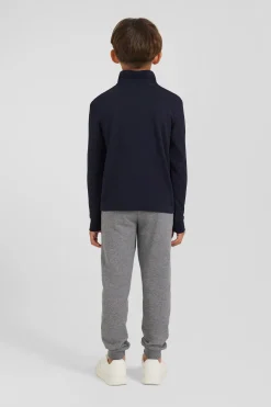 Regular navy blue long-sleeved cotton piqué polo shirt