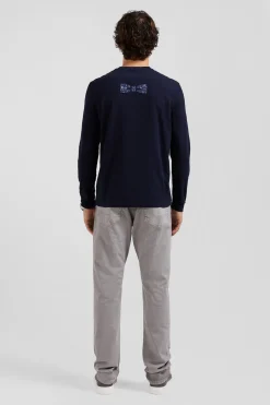 Regular navy blue long-sleeved cotton T-shirt with floral back patch