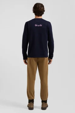 Regular navy blue long-sleeved cotton T-shirt with back embroidery