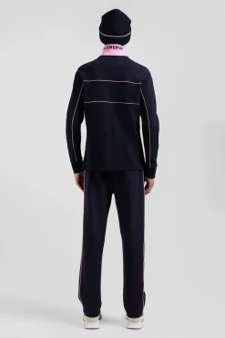 Regular navy blue long-sleeved cotton piqué polo shirt with pink piping