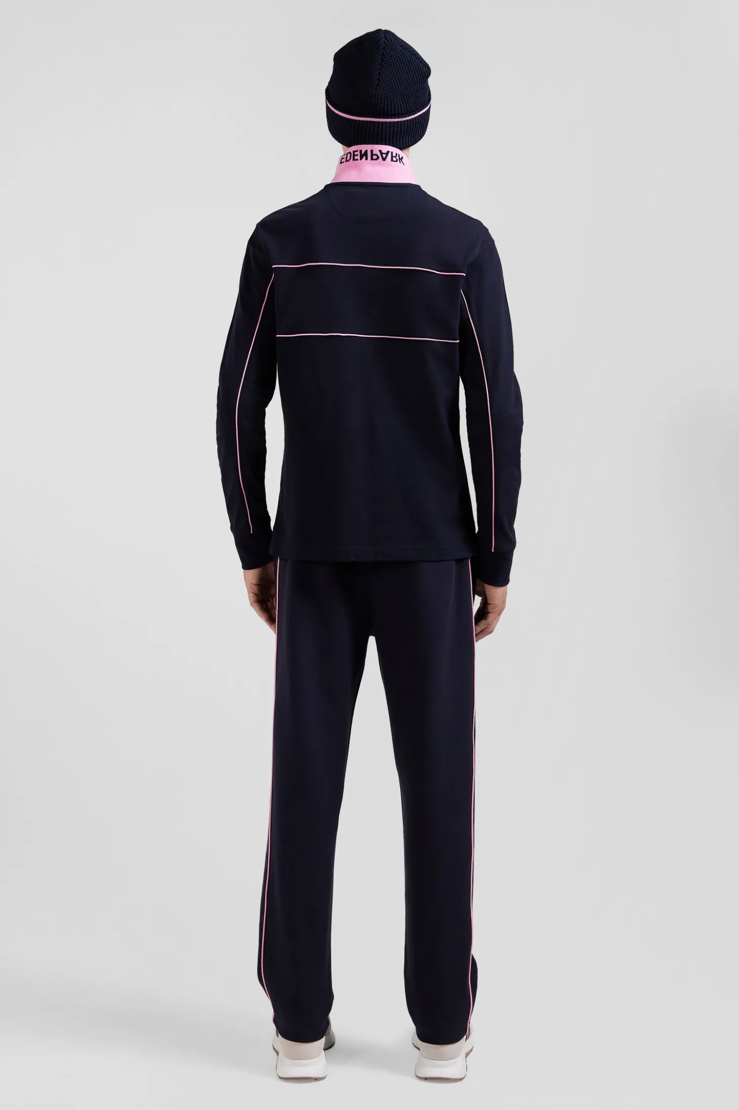 Regular navy blue long-sleeved cotton piqué polo shirt with pink piping