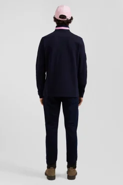 Regular navy blue long-sleeved cotton piqué polo shirt with padded embroidery