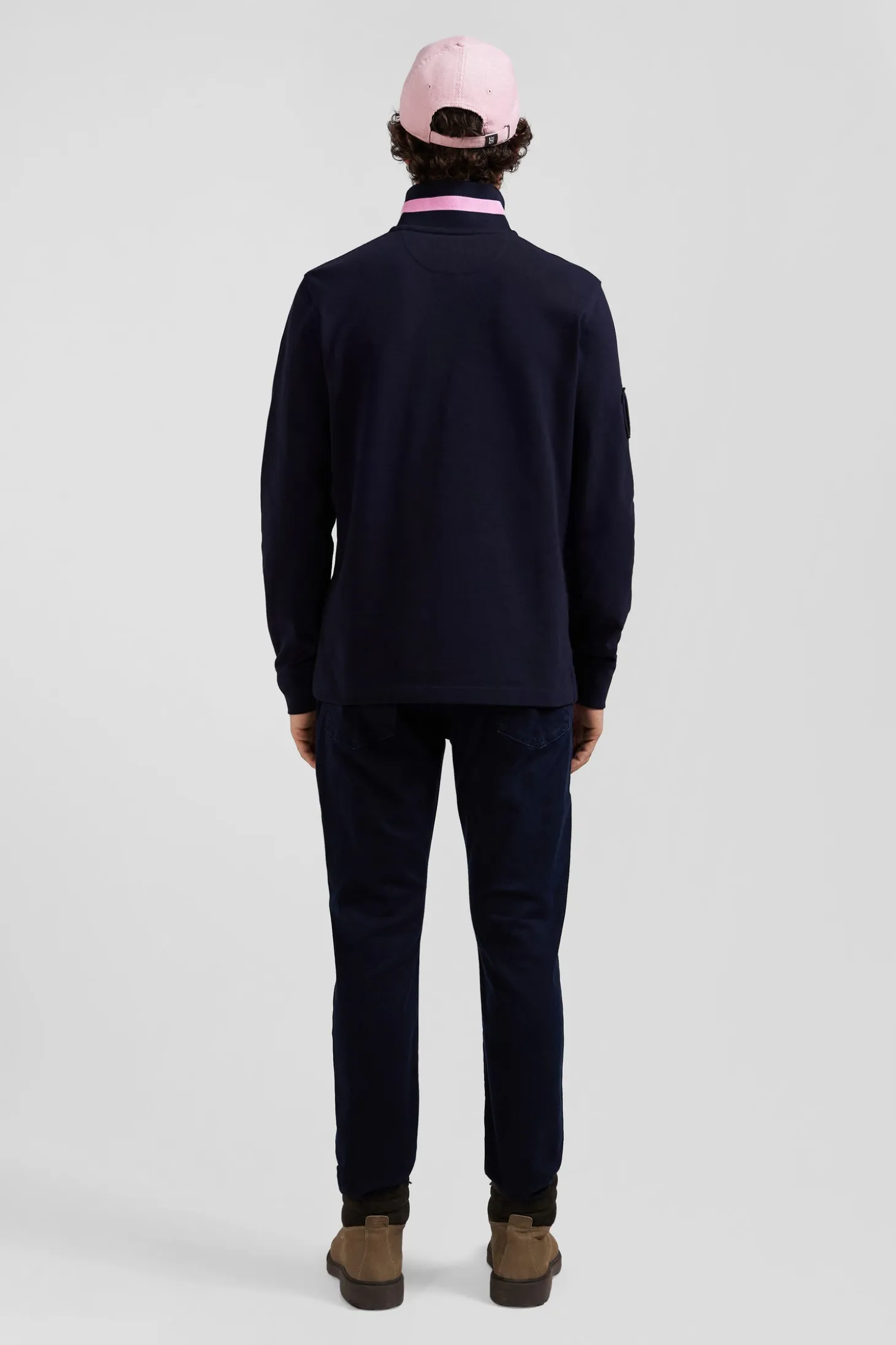 Regular navy blue long-sleeved cotton piqué polo shirt with padded embroidery