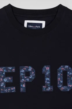Regular navy blue long-sleeved cotton T-shirt with printed back patch