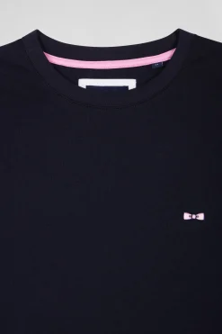 Regular navy blue long-sleeved cotton T-shirt with back embroidery