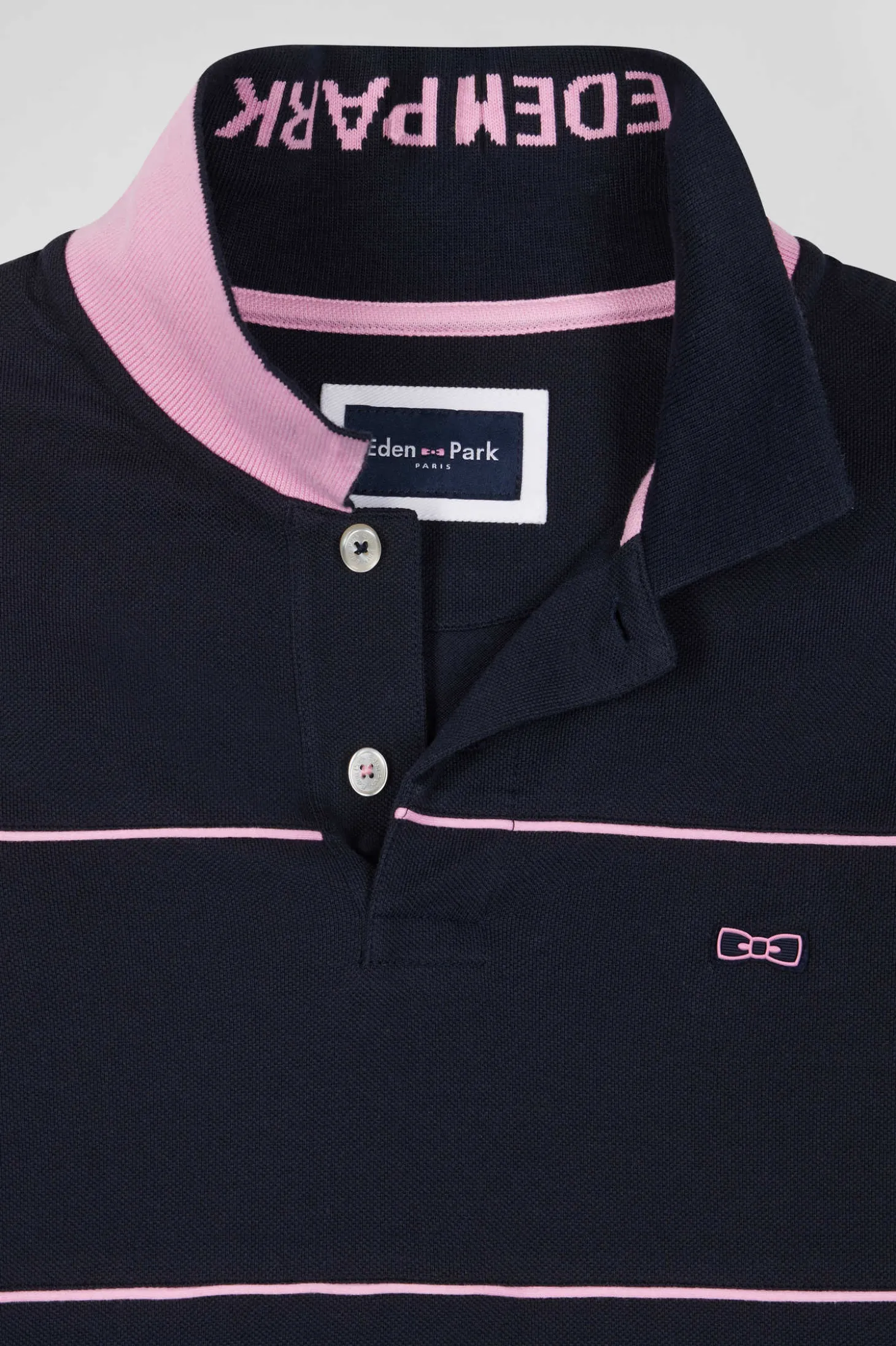 Regular navy blue long-sleeved cotton piqué polo shirt with pink piping