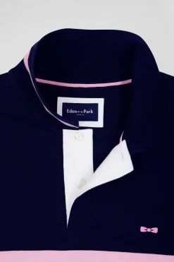 Regular navy blue long-sleeved cotton piqué polo shirt with padded embroidery