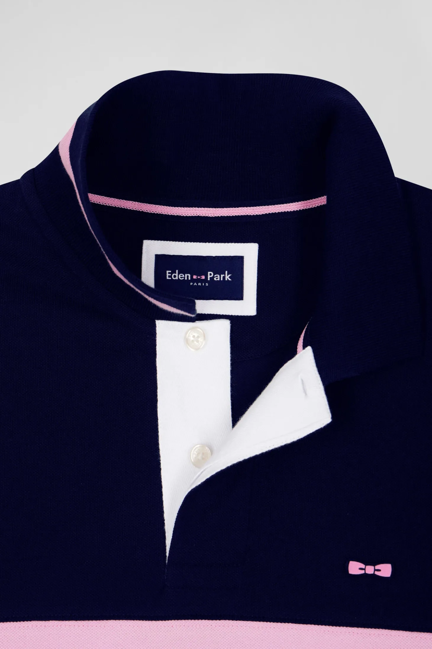 Regular navy blue long-sleeved cotton piqué polo shirt with padded embroidery