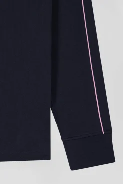 Regular navy blue long-sleeved cotton rugby shirt with pink piping