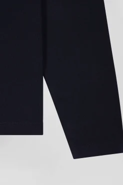Regular navy blue long-sleeved cotton T-shirt with back embroidery
