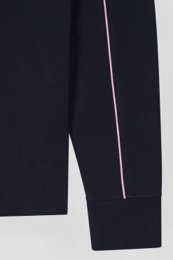 Regular navy blue long-sleeved cotton piqué polo shirt with pink piping
