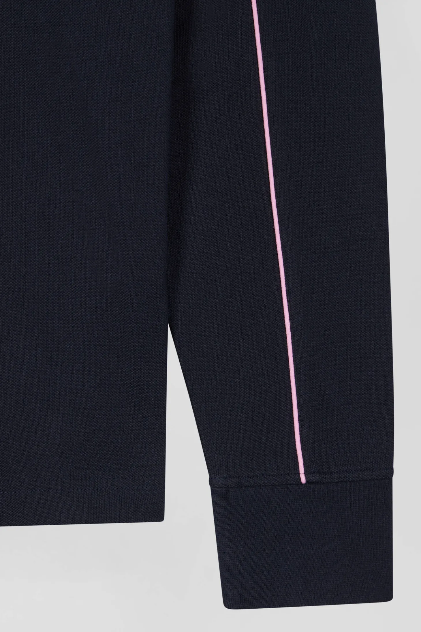 Regular navy blue long-sleeved cotton piqué polo shirt with pink piping