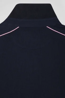 Regular navy blue long-sleeved cotton rugby shirt with pink piping
