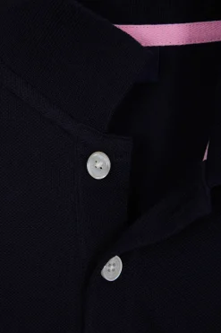 Regular navy blue long-sleeved cotton piqué polo shirt
