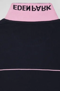 Regular navy blue long-sleeved cotton piqué polo shirt with pink piping