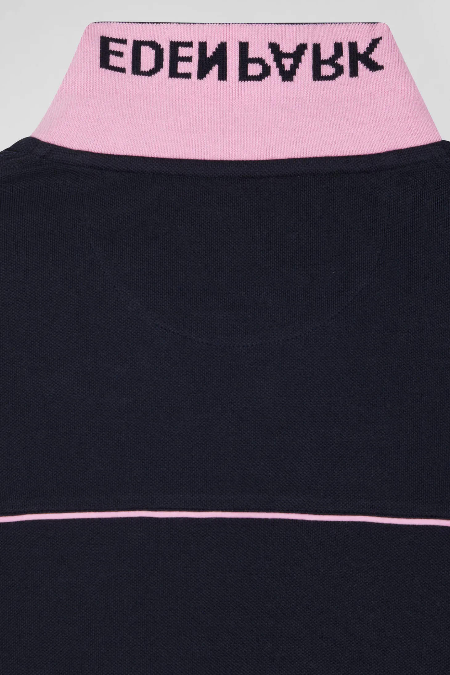 Regular navy blue long-sleeved cotton piqué polo shirt with pink piping