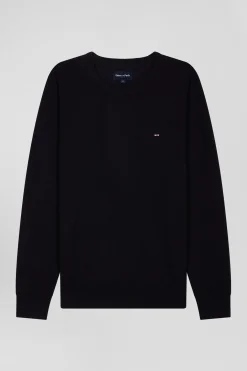 Regular navy blue merino wool V-neck jumper