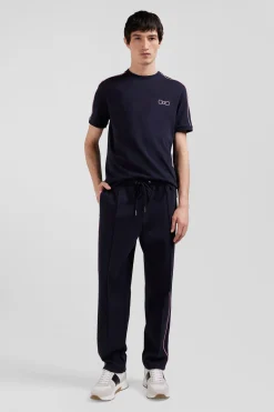 Regular navy blue mixed cotton jogging bottoms with pink piping