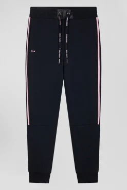 Regular navy blue mixed cotton jogging bottoms with striped trims