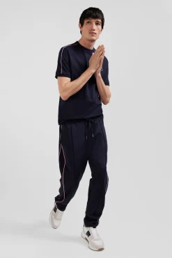 Regular navy blue mixed cotton jogging bottoms with pink piping