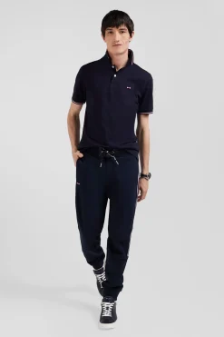 Regular navy blue mixed cotton jogging bottoms with striped trims