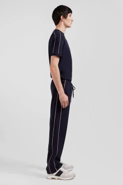 Regular navy blue mixed cotton jogging bottoms with pink piping
