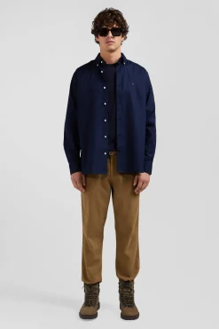 Regular navy blue oxford cotton shirt with back embroidery