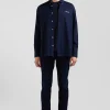 Regular navy blue oxford cotton shirt with striped bow tie detail