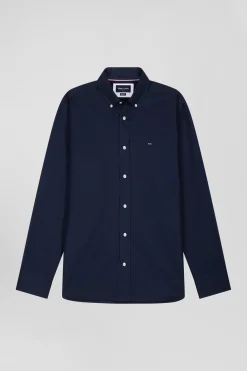Regular navy blue oxford cotton shirt with back embroidery