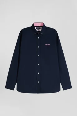 Regular navy blue oxford cotton shirt with striped bow tie detail