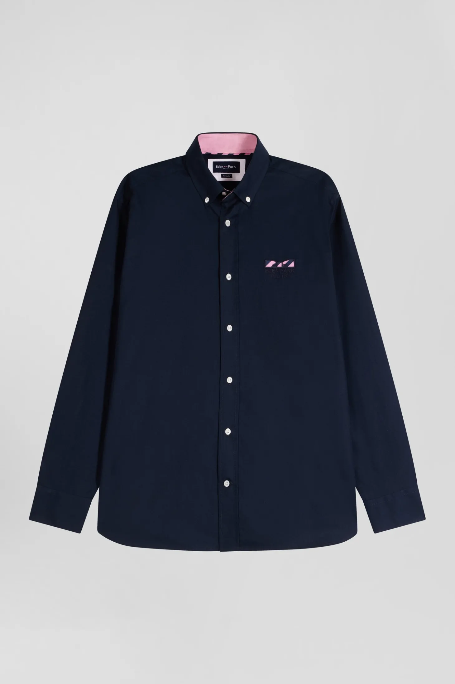 Regular navy blue oxford cotton shirt with striped bow tie detail