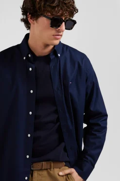 Regular navy blue oxford cotton shirt with back embroidery