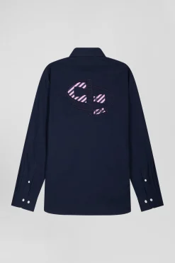 Regular navy blue oxford cotton shirt with back embroidery