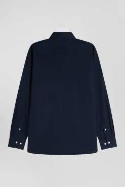 Regular navy blue oxford cotton shirt with striped bow tie detail