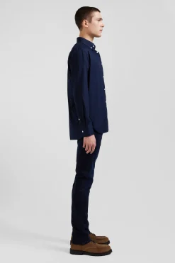 Regular navy blue oxford cotton shirt with striped bow tie detail