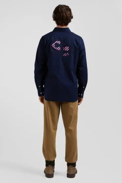Regular navy blue oxford cotton shirt with back embroidery