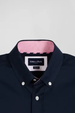 Regular navy blue oxford cotton shirt with striped bow tie detail