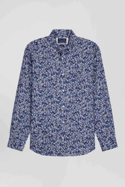 Regular navy blue Pima cotton poplin shirt with micro floral print
